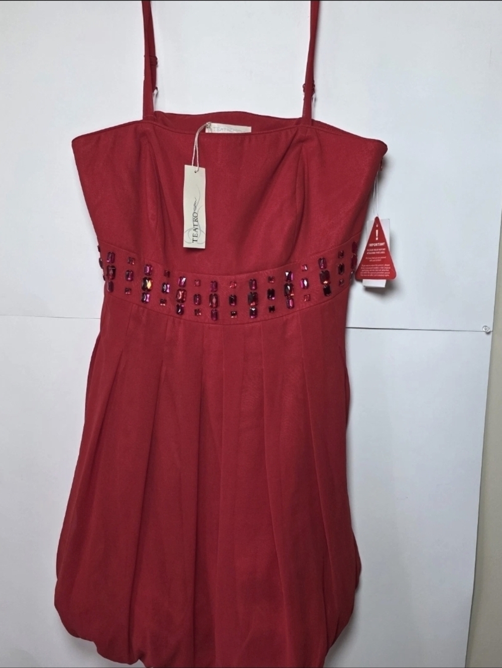 Teatro Red Strap Tulip Midi Dress Rhinestone Party Cocktail Evening Coquette 12